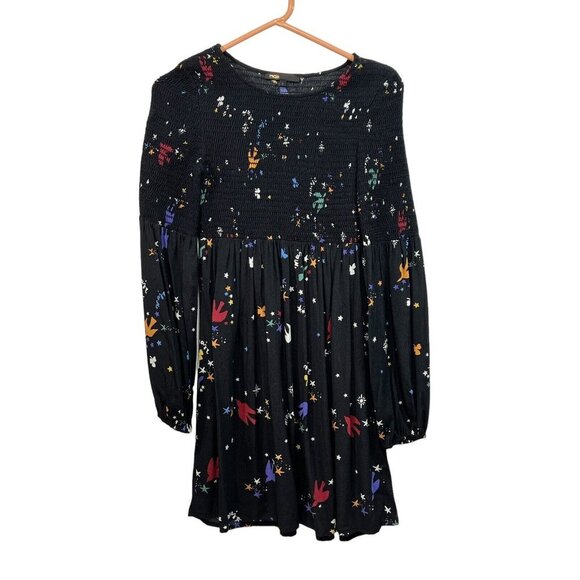 Maje Reskita Star & Swallow Smocked Crepe Whimsigoth Dress Sz 1 Boho Novelty - Picture 6 of 7